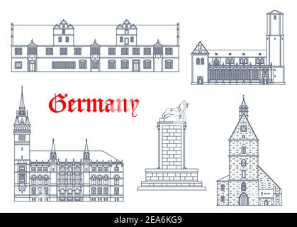 Germany landmarks architecture icons, houses and cathedral churches buildings in Saxony. Stadthagen and Braunschweig rathaus town hall, Burgloewe or B Stock Vector