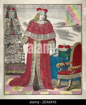 The synoptic Holy Roman Empire. Engraving depicts the symbolic figure of an Elector in full robes, covered with listings of all the rulers of the Holy Stock Photo