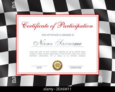 Races rally certificate or award diploma, vector car or motorcycle motocross championship cup. Car racing participation certificate with winner wreath Stock Vector