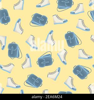 Seamless pattern with backpack and boots in a flat style. Leather bags and shoes. Autumn fashion accessory for for pupil, student, girl in casual Stock Vector