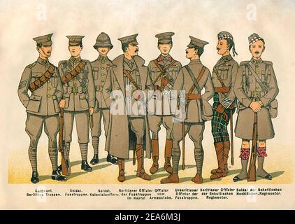 The uniforms of the English army in the field.  From left to right. 1. Sergeant. Mounted Troops. 2. Soldier. Foot troops. 3. Soldier. Colonial uniform Stock Photo
