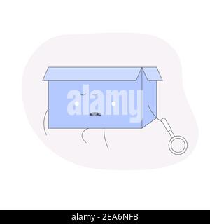 Page or file not found, connection error. A sad box character walks with a magnifying glass in his hand Stock Vector