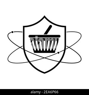 Shield with shopping basket icon. Linear shield icon. Vector illustration. Shopping protection symbol on white background Stock Vector