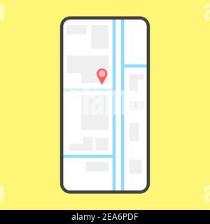 Mobile app page layout GPS Navigation. Lite detailed smartphone with city map, checkpoint and taxi route. Vector on a yellow background Stock Vector
