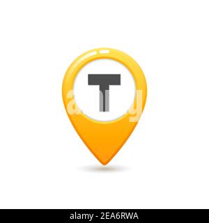Taxi service, Flat style Yellow taxi icon. Map pin with T letter sign. Yellow taxi icon on white background. Stock Vector