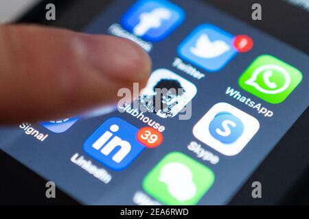Detail of new invite only US social media platform app Clubhouse on smart phone Stock Photo