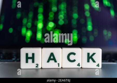 The word "hacked" that is written on the laptop Stock Photo