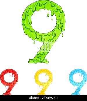 Number 9 with flow drops and goo splash. Color illustration of the symbol nine in four colors green, red, yellow, blue. Dripping liquid. Vector font in hand drawn style isolated on white background. Stock Vector