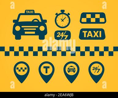 Taxi icons set. Flat style dark icons on yellow background. Map pin with taxi car, checks, map pins, timer signs. Taxi service banner elements. Vector Stock Vector