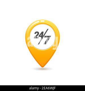 Taxi service 24 7 icon, Flat style Yellow taxi icon. Map pin with 24 7 letter sign. Yellow taxi icon on white background. Vector illustration Stock Vector