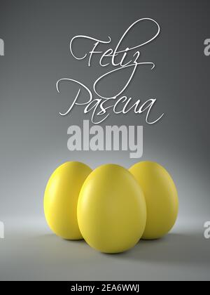 Color of the year concept. Three easter Eggs in illuminated yellow color on a ultimate grey colored background. The Spanish text 'Feliz Pascua' (Happy Stock Photo