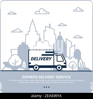 City delivery concept. Thin line styled Delivery truck. Delivery service Shipping by car or truck. outline style design truck on Urban cityscape. Stock Vector