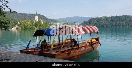 Colorful boats on Lake Bled in slovenia Stock Photo