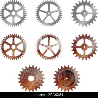 Realistic machine gear, cogwheel vector illustration set ( silver & rusty ) Stock Vector