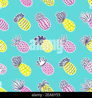 Seamless pineapple pattern. Handdrawn Pinapple with different textures in pastel colors on blue teal background. Exotic fruits background For Fashion Stock Vector
