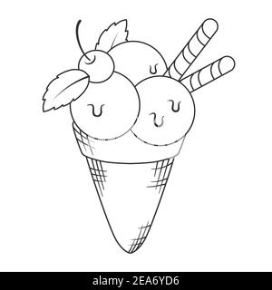 Outline ice cream balls in the waffle cone isolated on white background. Line art vector illustration. Stock Vector