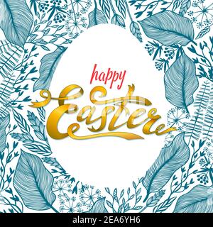 Easter greeting card with floral frame in egg shape. Herbal background. Perfect for season greeting cards and banners. Stock Vector