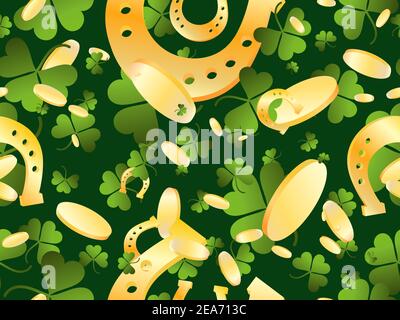 Gold coins and clover with golden horseshoes seamless pattern for St. Patrick's Day. Festive background for advertising products, postcards and printi Stock Vector