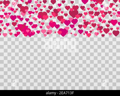 Hearts on a transparent background. Red and pink hearts falling from above. Happy Valentine's Day. Design a template for banner, poster and greeting c Stock Vector