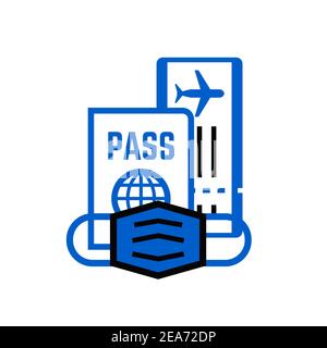 Passport, fly ticket and mask. Travel icons set Stock Vector