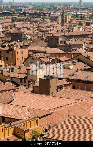 An aerial view of the old buildings of the city and rooftops of Bologna Italy Stock Photo