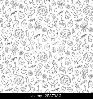 Cute Easter doodle seamless pattern with bunny, basket, easter eggs, cakes, chicken, willow twigs and candles. Vector hand drawn illustration Stock Vector
