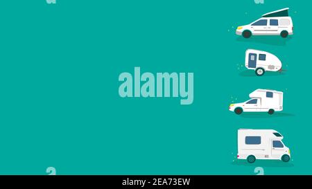 Vector illustration of various camper cars. Mobile home travel concept, camping, car trip. Pastel shades simple flat style for design, postcard, banne Stock Vector