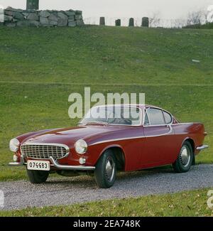 Volvo P1800. A sports car manufactured by Volvo Cars wtih production start 1961 and ending 1973. Styling was by swedish designer Pelle Pettersson. The car was indroduced at the Geneva Motor Show in 1961. The model P1800 sold 47492 cars.The P1800  became widely known when driven by then future James Bond actor Roger Moore as Simon Templar in the television series The Saint. Picture taken in the 1960s Stock Photo