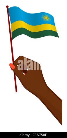 Female hand gently holds small flag of republic of Rwanda. Holiday design element. Cartoon vector on white background Stock Vector