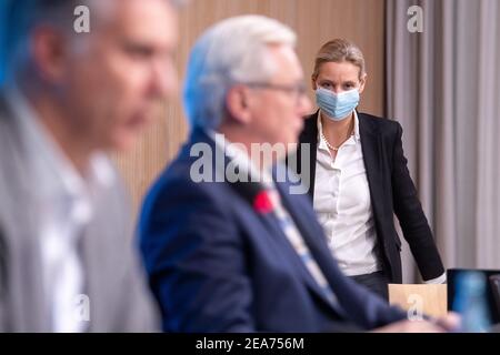 08 February 2021, Baden-Wuerttemberg, Stuttgart: Alice Weidel, state chairwoman of the AfD Baden-Württemberg, arrives at her seat during the presentation by the AfD Baden-Württemberg of its election program and campaign for the state elections in Baden-Württemberg on March 14, 2021. Seated in the foreground are Marc Jongen (AfD, l), member of the Bundestag and program coordinator of the Baden-Württemberg state executive committee, and Bernd Gögel (M), leader of the AfD parliamentary group in the Baden-Württemberg state parliament and top candidate for the state election. Photo: Sebastian Golln