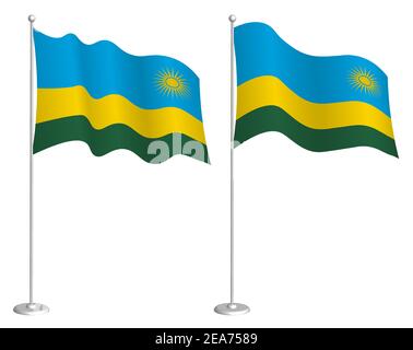 flag of republic of Rwanda on flagpole waving in wind. Holiday design element. Checkpoint for map symbols. Isolated vector on white background Stock Vector