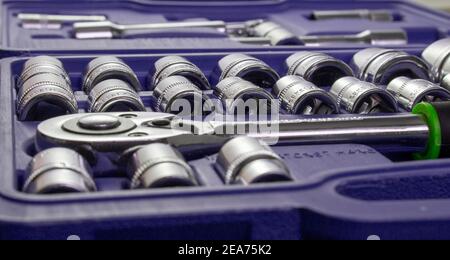 Spanners, repair kit in a plastic purple case. Chromium-vanadium steel. Kyiv, Ukraine 08.02.2021 Stock Photo