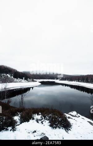 Beautiful view of a lake surrounded by trees covered in snow in Brocken Harz, Germany Stock Photo