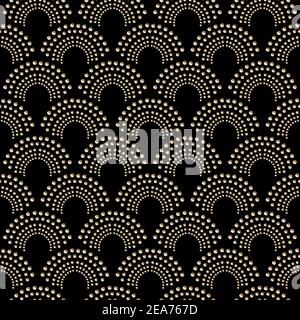 Art deco design. Abstract geometric seamless pattern with golden squared ornament on black background. Vintage decorative texture. Modern stylish Stock Vector