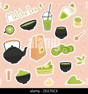 Various tea products made from matcha stickers.  Stock Vector
