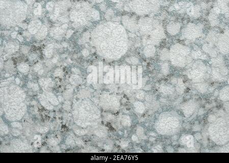 Texture of gray and white marble with spotted pattern, macro background. Light blue stone backdrop from mineral tile, closeup. Stock Photo
