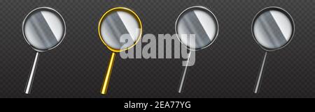 Magnifying glass in gold or silver rim and handle. Science tool with transparent lens, magnify instrument isolated on black background. Optical device for research, exploration realistic 3d vector set Stock Vector