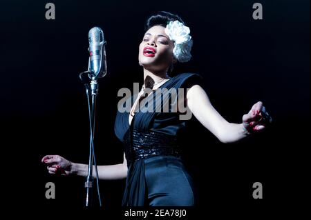 The United States vs. Billie Holiday (2021) directed by Lee Daniels and starring Andra Day as jazz and swing music singer Billie Holiday who was the subject of an undercover sting operation run by the Federal Department of Narcotics. Stock Photo