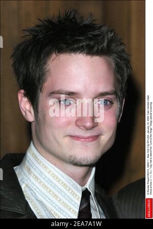 © Nicolas Khayat/ABACA. 54647-1. New York City-NY-USA, January 10, 2004. Cast member Elijah Wood arrives at the Alice Tully Hall to attend the Lord of the Rings trilogy special screening, Stock Photo