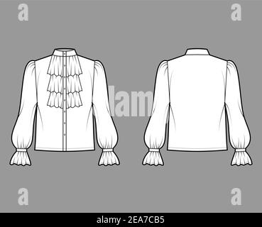 Poet pirate blouse technical fashion illustration with ruffles collar, bishop long sleeves, stand neck, loose fit, button up. Flat top template front, back, white color. Women, unisex shirt CAD mockup Stock Vector