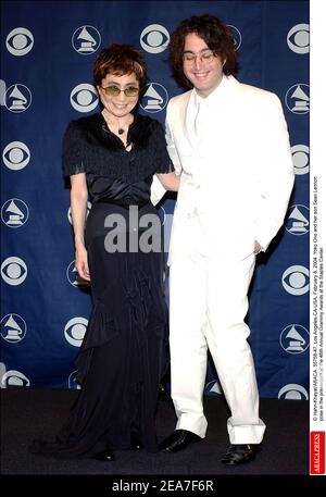 © Hahn-Khayat/ABACA. 55758-47. Los Angeles-CA-USA, February 8, 2004. Yoko Ono and her son Sean Lennon pose in the pressroom at the 46th Annual Grammy Awards at the Staples Center. Stock Photo