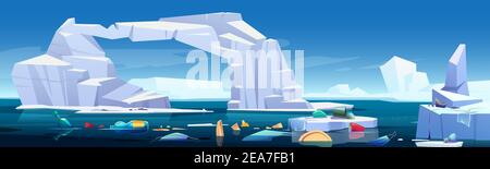 Arctic landscape with melting iceberg and plastic garbage floating in sea. Concept of global warning, climate change and ocean pollution. Vector cartoon illustration of glaciers and trash in water Stock Vector