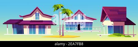 Summer houses, bungalows on sea beach, tropical hotel architecture and palm trees. Vector cartoon set of modern villas for vacation and resort on exotic island in ocean isolated on blue background Stock Vector