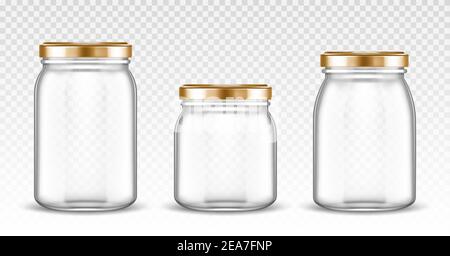 Empty glass jars different shapes with gold lids isolated on transparent background. Vector realistic mockup of empty clear bottles with screw cap for jam, canning and preserve food Stock Vector