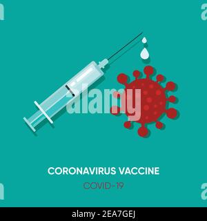 Syringe with vaccine and coronavirus symbol. Vector illustration. Virus protection concept. Sars disease, Covid-19 vaccination with vaccine syringe. S Stock Vector