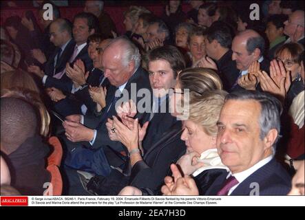 © Serge Arnal/ABACA. 56246-1. Paris-France, February 19, 2004. Emanuele-Filiberto Di Savoia flanked by his parents Vittorio-Emanuele Di Savoia and Marina Doria attend the premiere for the play La Profession de Madame Warren at the Comedie Des Champs Elysees. Stock Photo