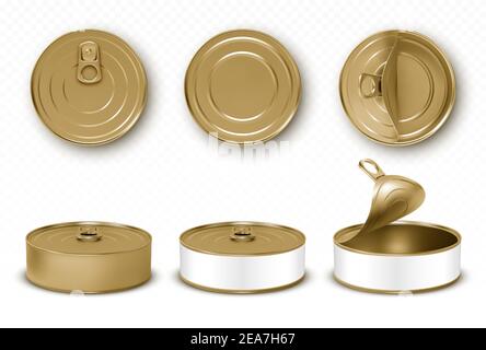 Gold tin cans, fish or pet food mockup with pull ring top and front view. Closed and open empty yellow canned round open key metal jars, isolated aluminium preserve canisters, Realistic 3d vector set Stock Vector