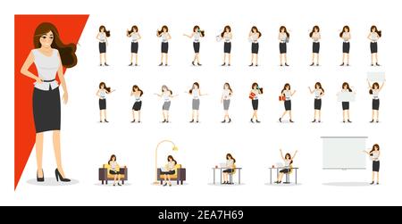 Beautiful business woman in skirt and blouse showing gestures and emotions in different poses set. Office young businesswoman character collection. EPS female standing, sitting, walking, happy, angry Stock Vector