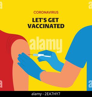 Covid-19 Vacctination Banner. Hand of medical staff injecting Covid-19 vaccine in syringe to arm muscle. Let's get vaccinated. Let's Stop Covid-19. Stock Vector
