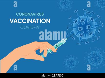 Vacctination banner Hand holding syringe with vaccine for coronavirus. Virus protection concept. Vector illustration. Sars disease or Covid-19 vaccine Stock Vector